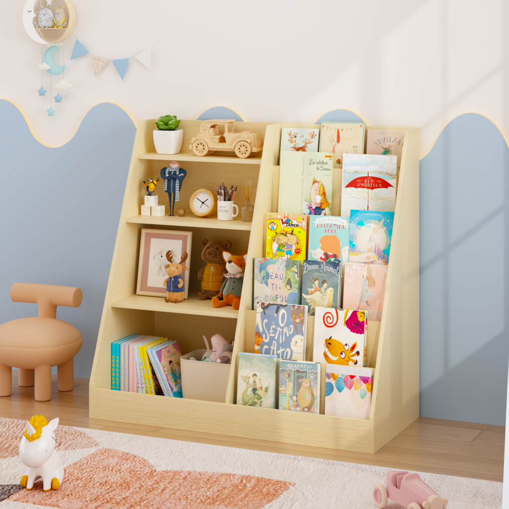 Kids Bookshelf and Toy Storage Organizer, Multifunctional 4 Tier Wooden Kids Book Shelf with  Bookcase Display Stand in Kids 