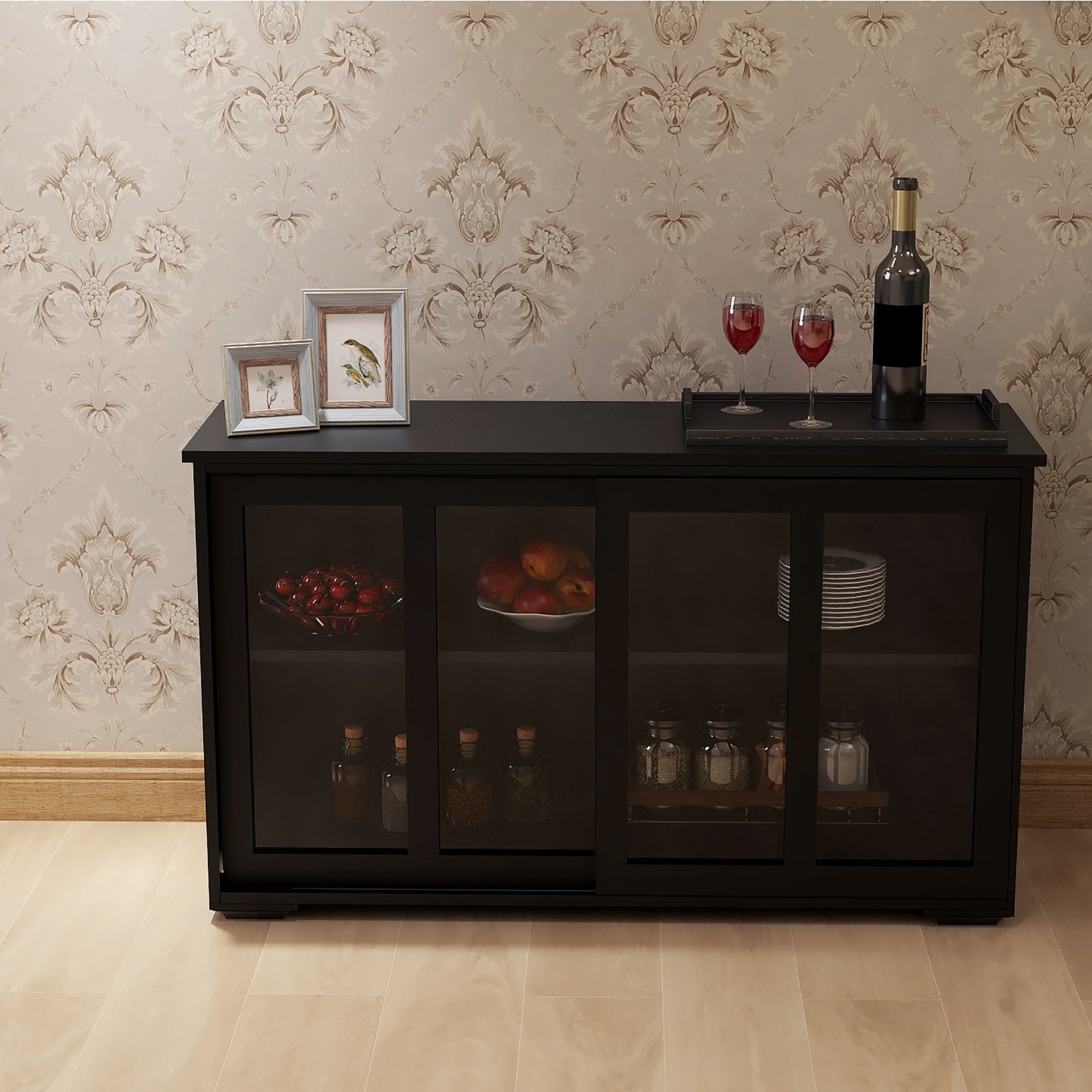 Kitchen Storage Stand Cupboard With Glass Door-Black - Grand Goldman Shop