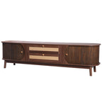 Modern Farmhouse Rattan TV Stand for TVs up to 75'', Natural Wood and Brown Solid Wood Legs, MDF Cabinet with Rattan Drawers and Sliding Doors, 66.93'' L Living Room Entertainment Console - Grand Goldman Shop