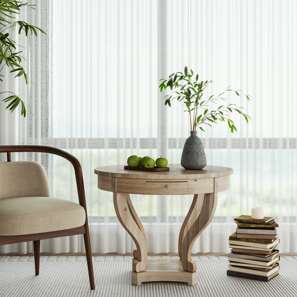 Farmhouse Style Round Dining Table with Curved Legs in Natural Wood Grain, Small Size, Distressed Finish - Grand Goldman Shop