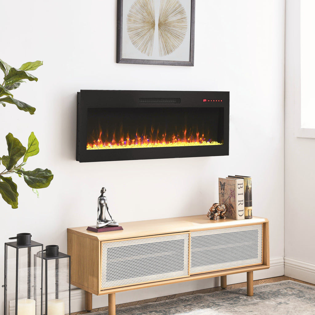 42 inch recessed ultra thin tempered glass front wall mounted electric fireplace with remote and multi color flame & emberbed, LED light heater - Grand Goldman Shop