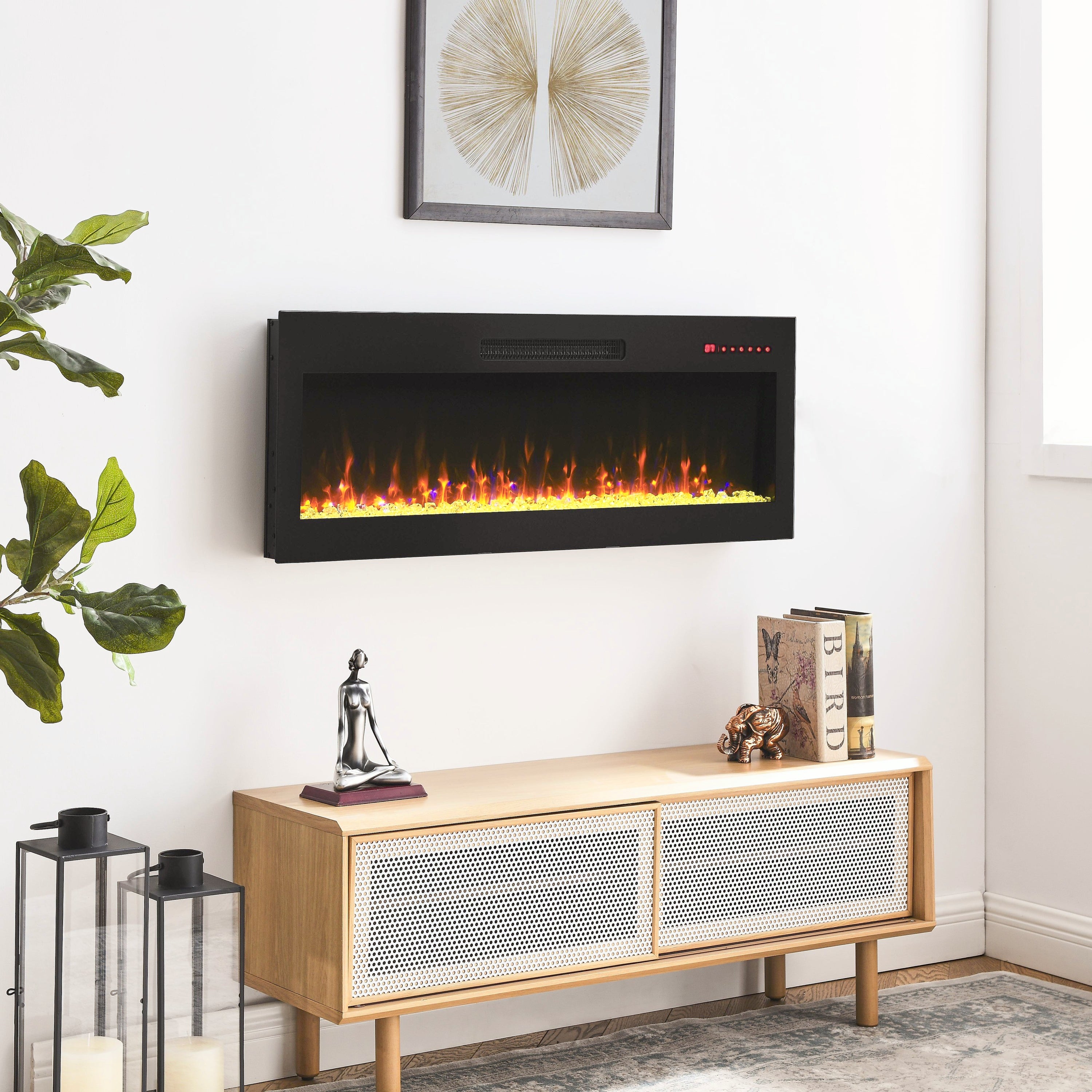 42 inch recessed ultra thin tempered glass front wall mounted electric fireplace with remote and multi color flame & emberbed, LED light heater - Grand Goldman Shop