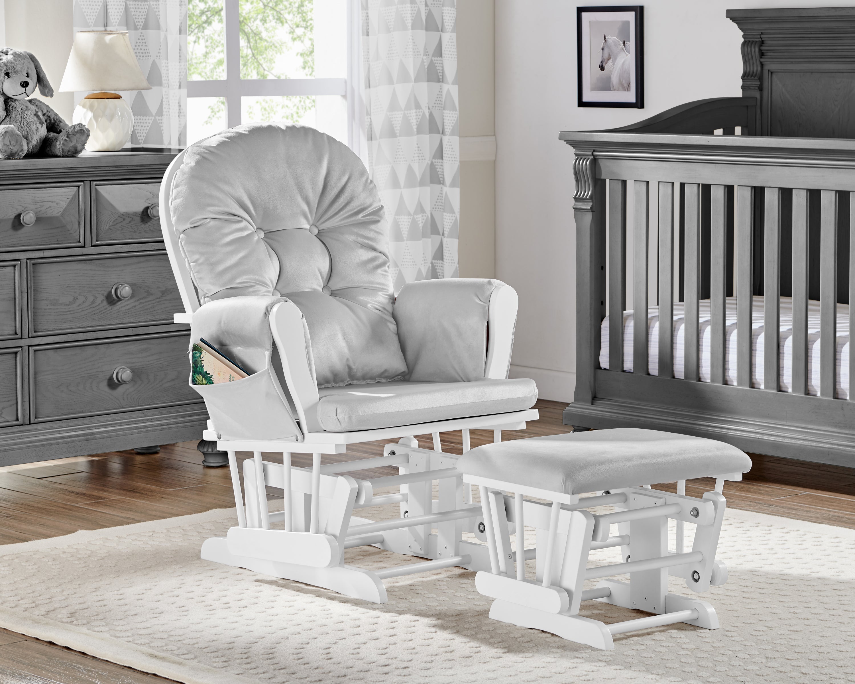 Mason Glider and Ottoman White Wood and Gray Fabric - Grand Goldman Shop