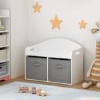 Kids Wooden Toy Box Bench with Collapsible Fabric Drawers, White MDF Storage Cabinet Organizer, 24.6 x 11.8 x 19.1 inches | P