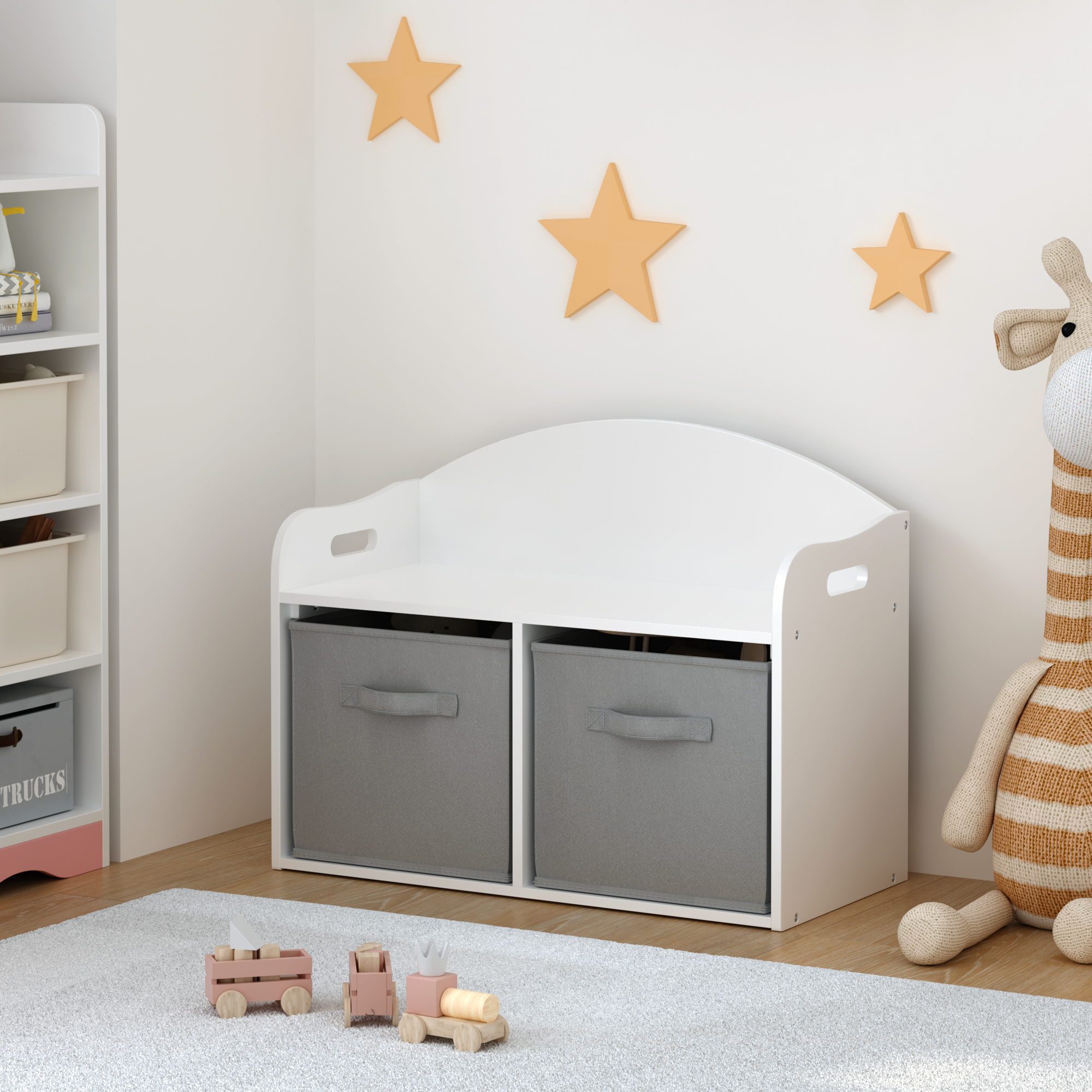 Kids Wooden Toy Box Bench with Collapsible Fabric Drawers, White MDF Storage Cabinet Organizer, 24.6 x 11.8 x 19.1 inches | P