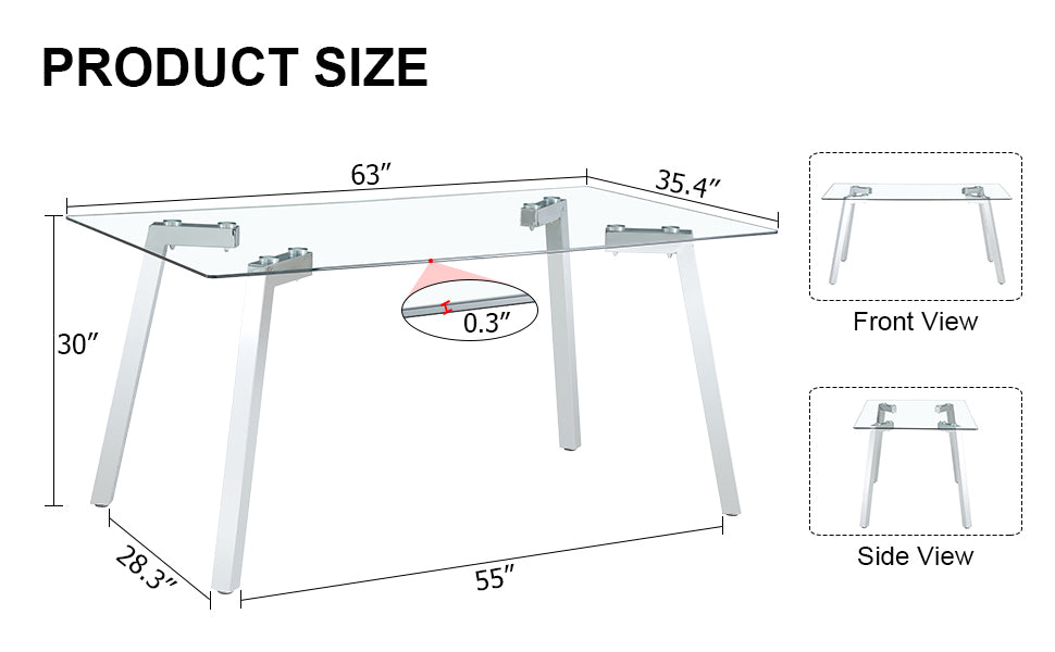 A modern minimalist rectangular glass dining table with tempered glass tabletop and silver metal legs, suitable for kitchens, restaurants, and living rooms,63'*35.4'*30' - Grand Goldman Shop