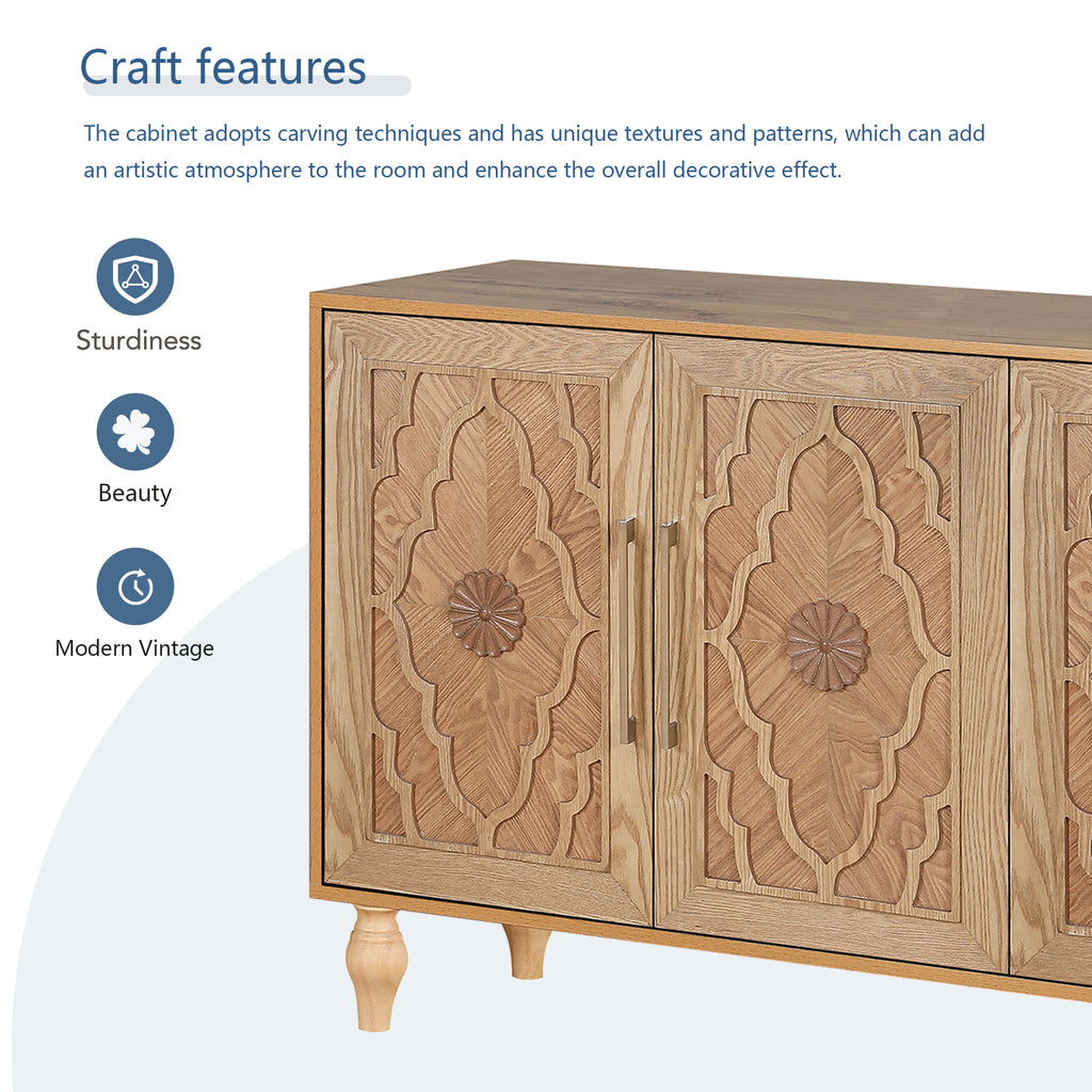 Carved Flower Door Large Storage Cabinet With Metal Handle Suitable For Living Room, Kitchen, Entryway(NATURAL WOOD) - Grand Goldman Shop