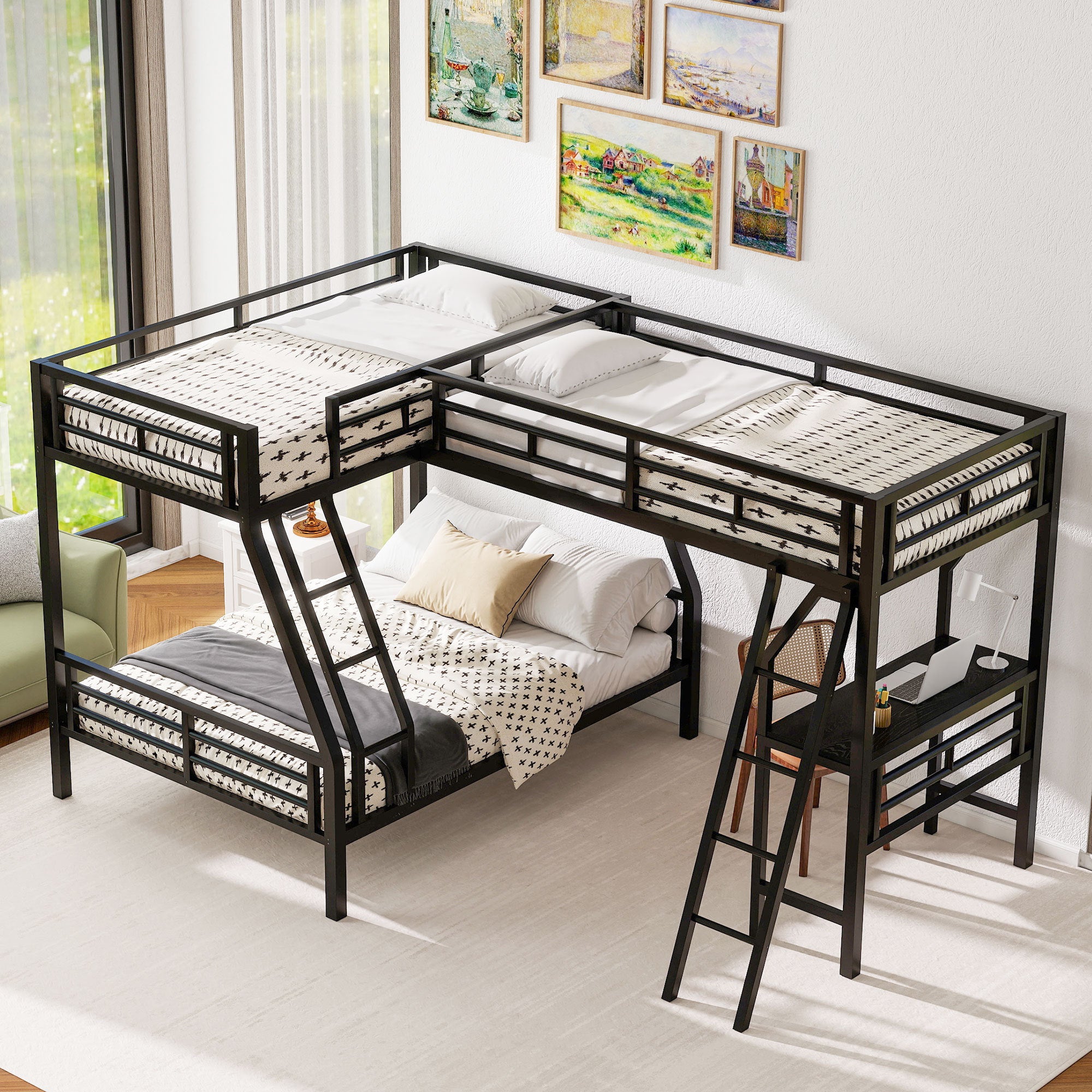 Twin over Full Bunk Bed with Loft and Desk, Metal Black, L-Shaped Design for 3 Sleepers - Grand Goldman Shop