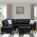 Irine Traditional Faux Leather Sectional Sofa with Ottoman and Storage in Black - Grand Goldman Shop