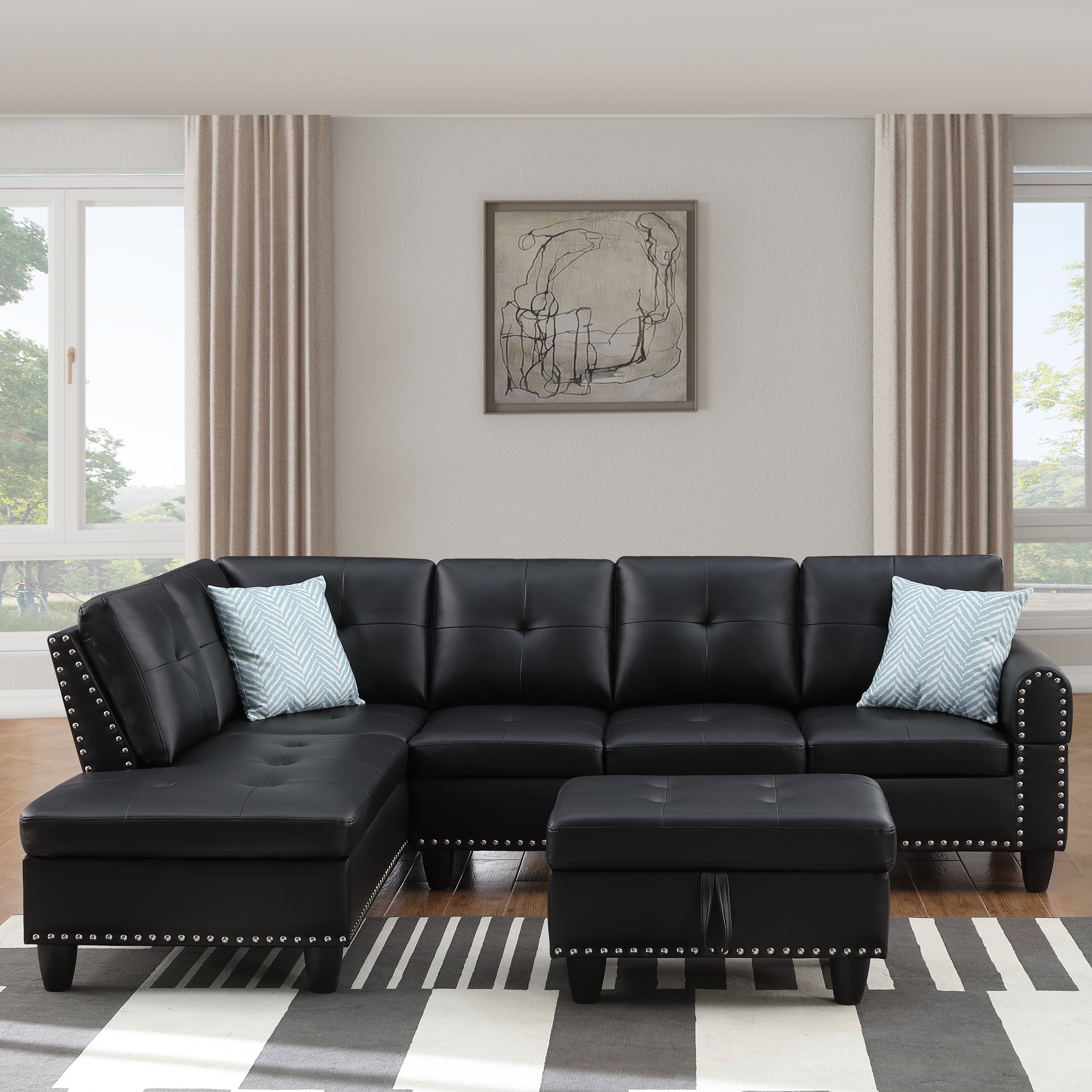 Irine Traditional Faux Leather Sectional Sofa with Ottoman and Storage in Black - Grand Goldman Shop