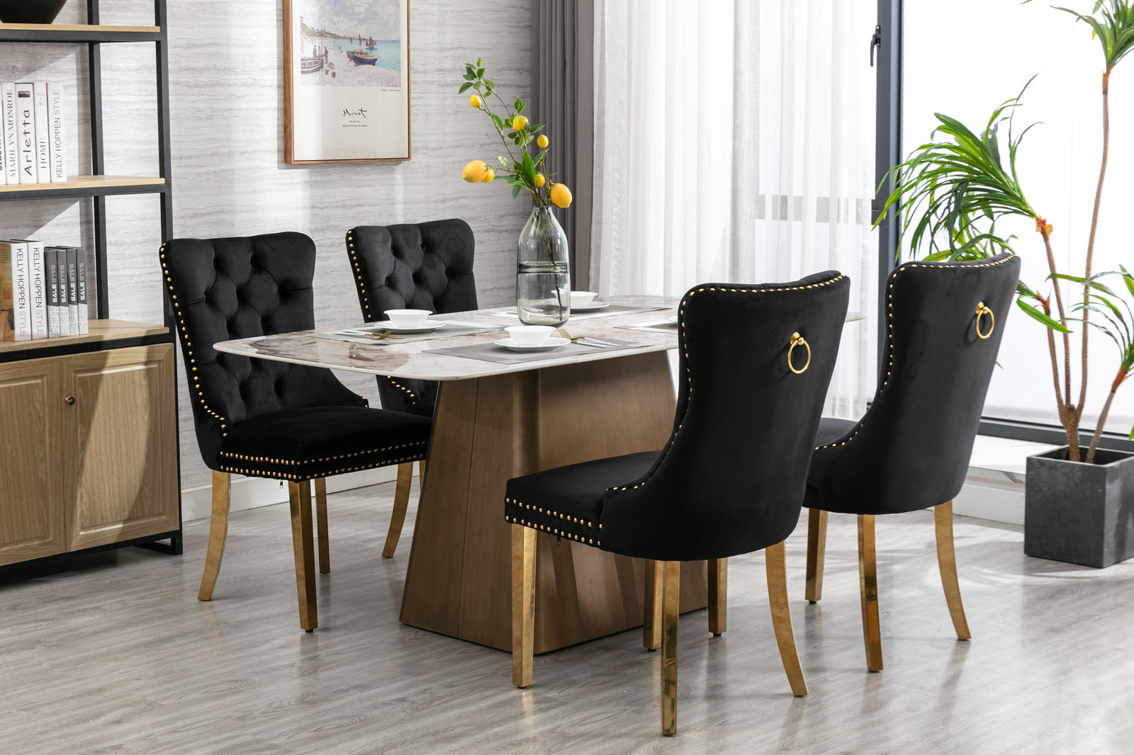 A&A Furniture,Nikki Collection Modern, High-end Tufted Solid Wood Contemporary Velvet Upholstered Dining Chair with Golden Stainless Steel Plating Legs,Nailhead Trim,Set of 2，Black and Gold, SW1601BK - Grand Goldman Shop