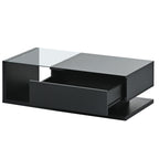 [VIDEO provided] ON-TREND Modern Coffee Table with Tempered Glass, Wooden Cocktail Table with High-gloss UV Surface, Modernist 2-Tier Rectangle Center Table for Living Room, Black - Grand Goldman Shop