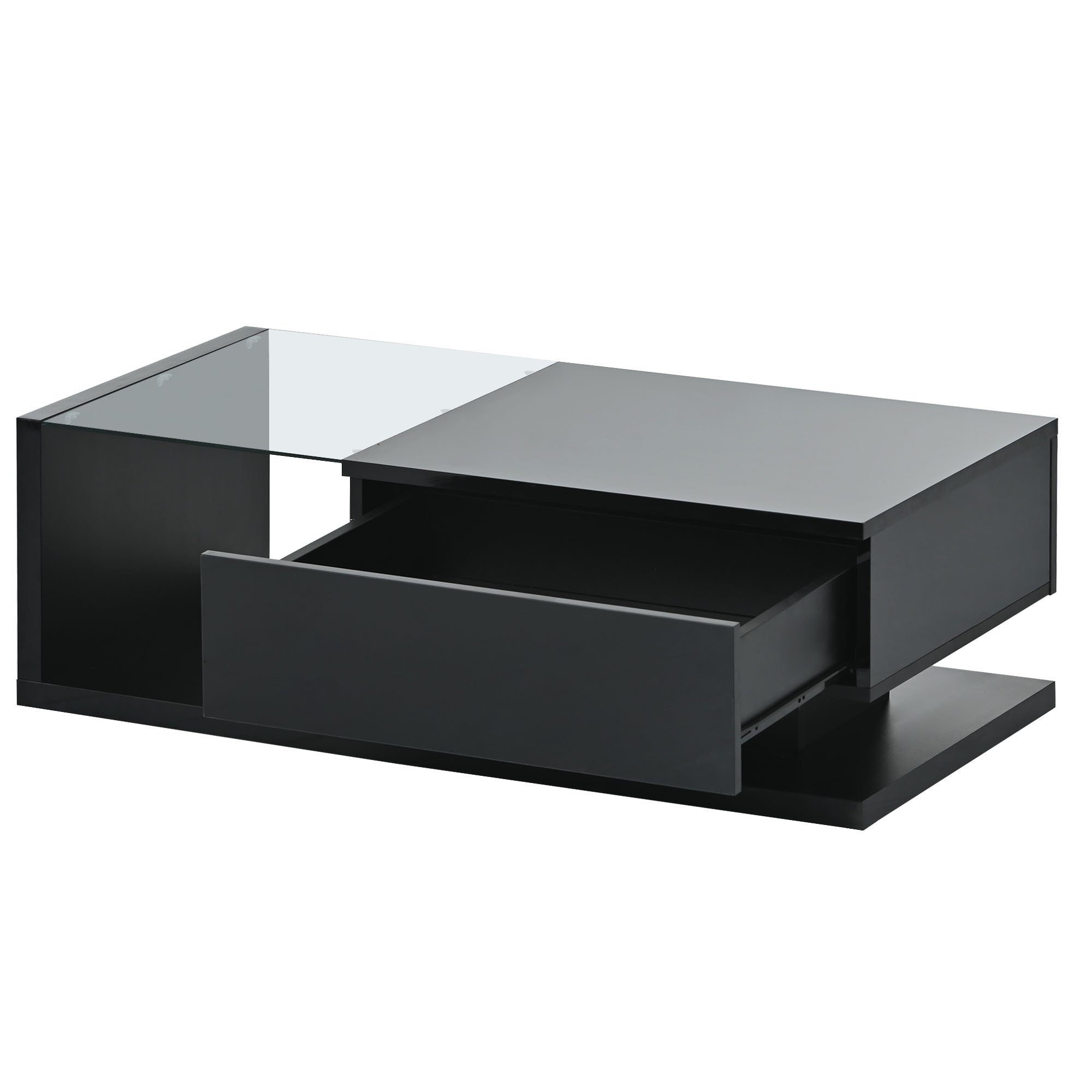 [VIDEO provided] ON-TREND Modern Coffee Table with Tempered Glass, Wooden Cocktail Table with High-gloss UV Surface, Modernist 2-Tier Rectangle Center Table for Living Room, Black - Grand Goldman Shop