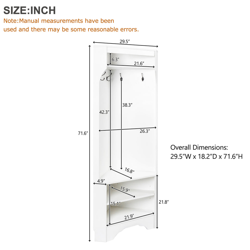 Minimalist Corner Hall Tree with Shoe Bench, Versatile Entryway Coat Rack with 4 Hooks, Corner Cabinet with Adjustable Shelf for Hallway, Living Room, White, 29.5''W*71.6''H (OLD SKU: N721P189665K) - Grand Goldman Shop