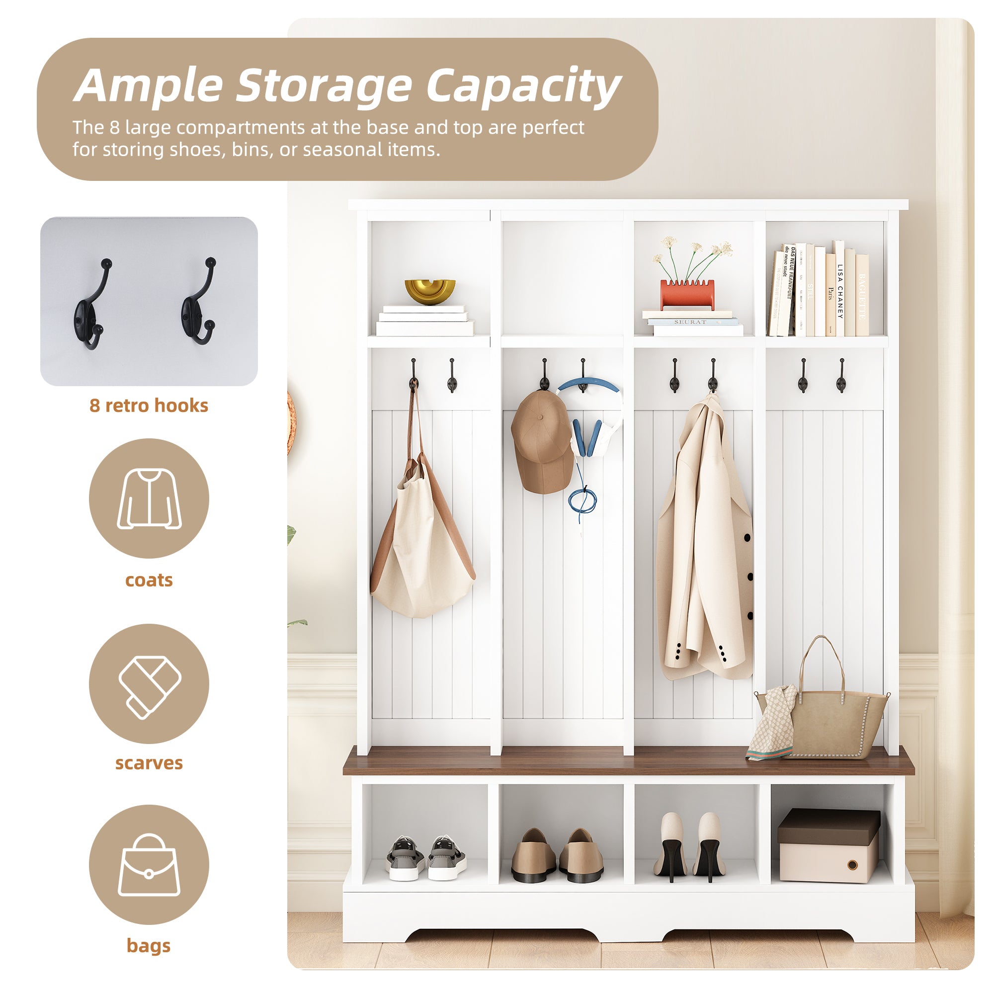 Farmhouse Hall Tree with 8 Hooks, Practical Entryway Bench with Open Compartments, 76.7'H Modern 3-in-1 Wooden Style Coat and Shoe Rack for Mudroom, Living Room, White (OLD SKU: N721P292601K) - Grand Goldman Shop