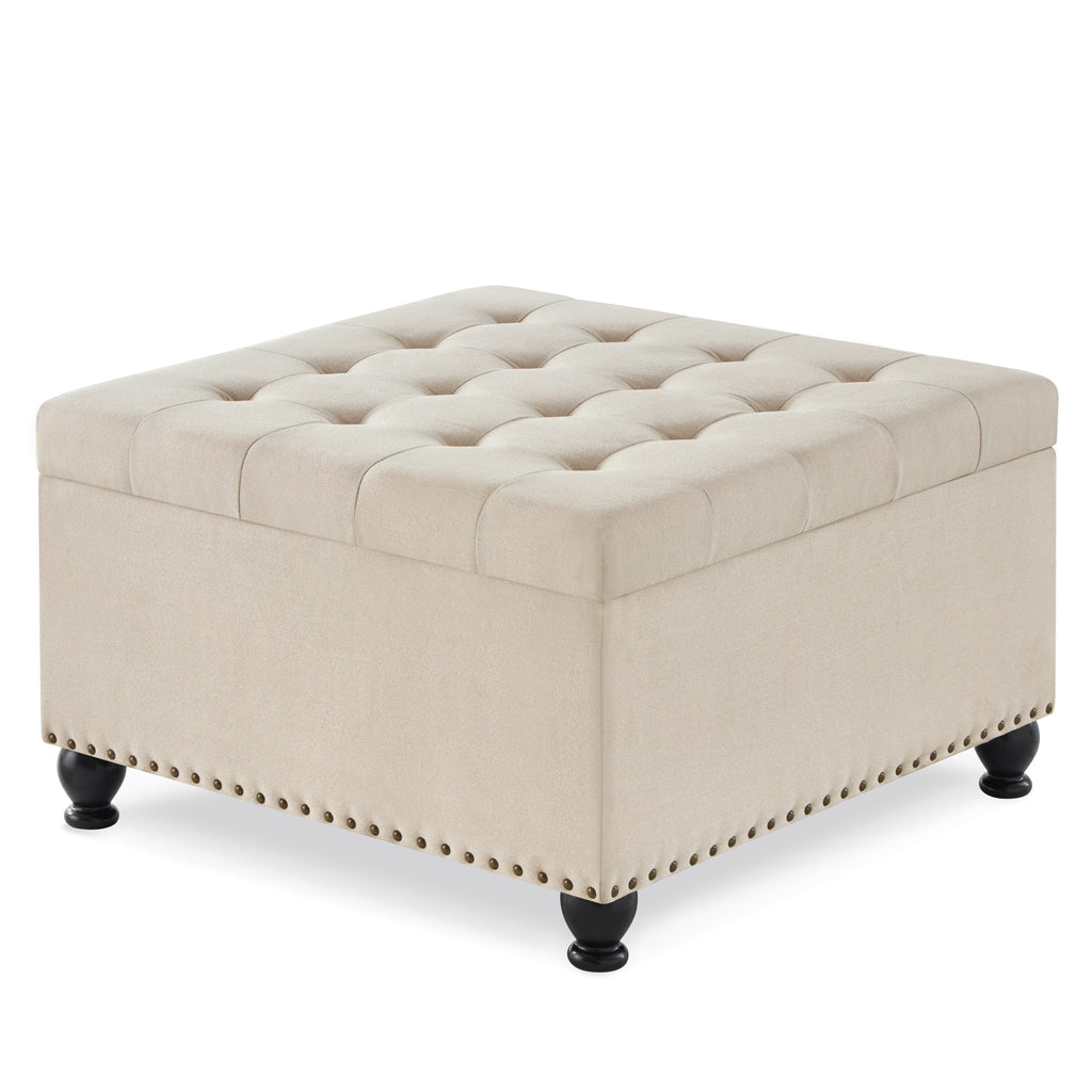 Large square storage ottoman with wooden legs, Upholstered button tufted coffee table with nail trims for Living Space,Beige - Grand Goldman Shop