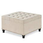 Large square storage ottoman with wooden legs, Upholstered button tufted coffee table with nail trims for Living Space,Beige - Grand Goldman Shop