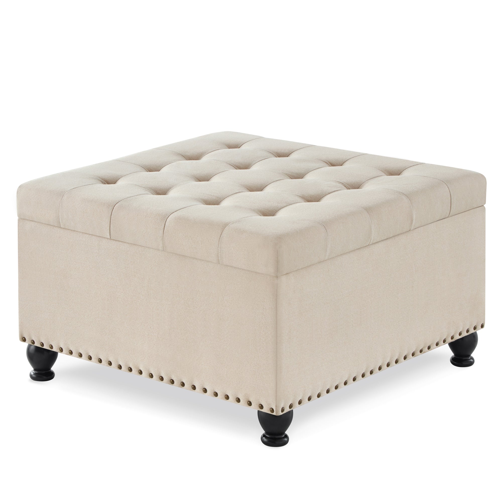 Large square storage ottoman with wooden legs, Upholstered button tufted coffee table with nail trims for Living Space,Beige - Grand Goldman Shop