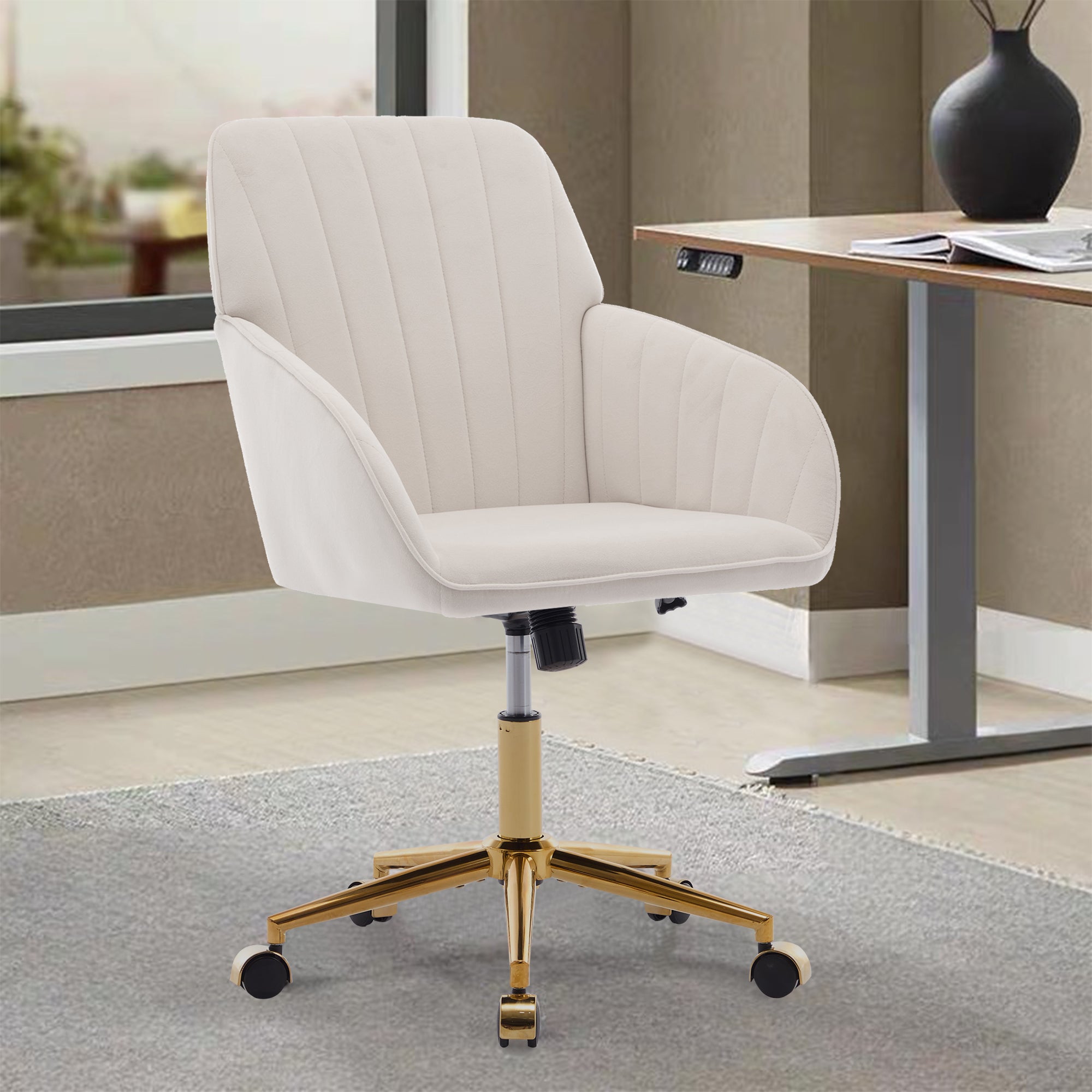 TY Ergonomic Swivel Office Chair, Adjustable and Comfortable, Beige Velvet Upholstery, 24.60 x 22.84 x 38.00 inches - Grand G