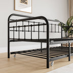 Twin Size Metal Daybed Frame with Trundle, Heavy Duty Steel Slat Support Sofa Bed Platform with Headboard, No Box Spring Needed, Black - Grand Goldman Shop