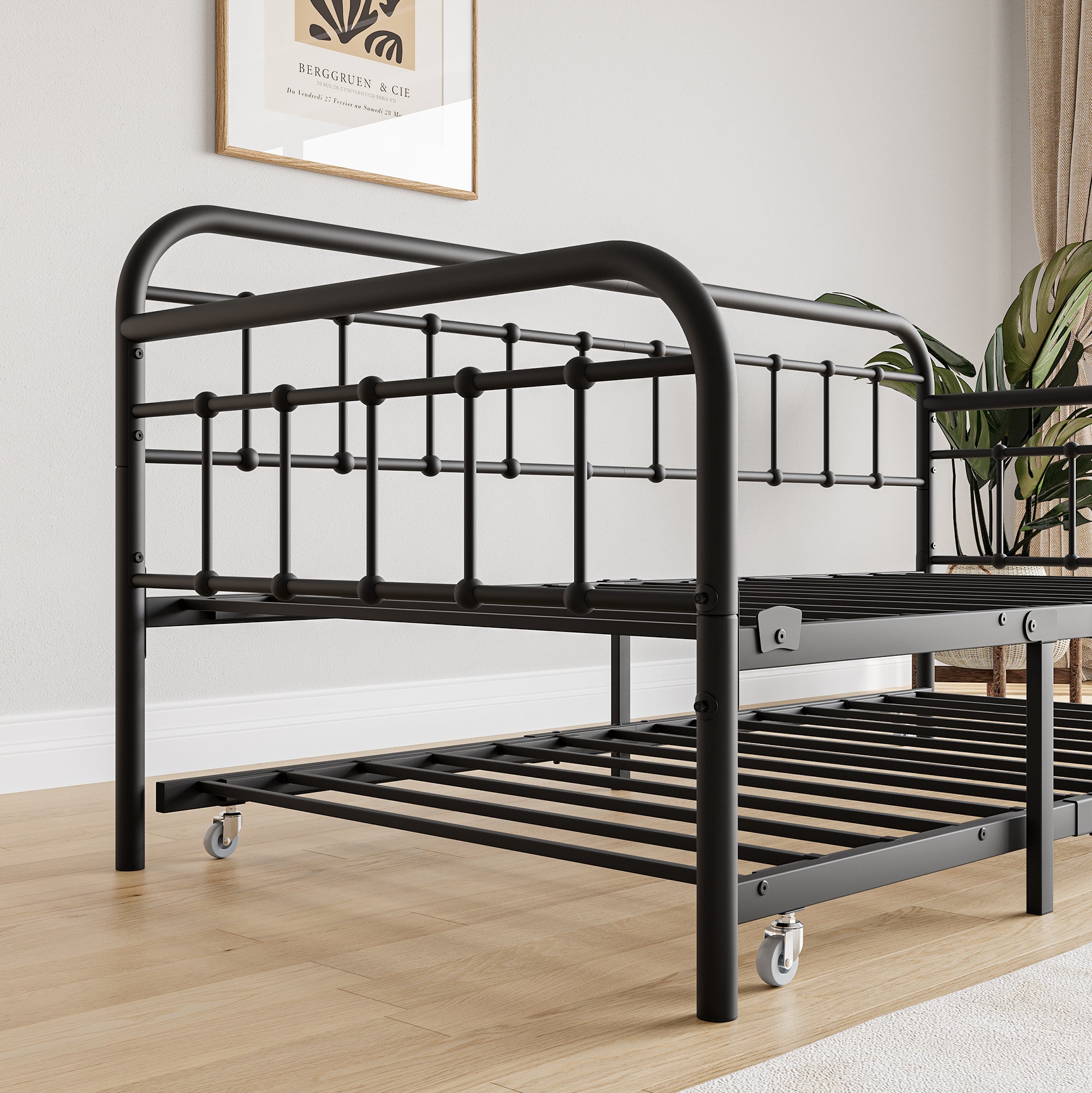 Twin Size Metal Daybed Frame with Trundle, Heavy Duty Steel Slat Support Sofa Bed Platform with Headboard, No Box Spring Needed, Black - Grand Goldman Shop
