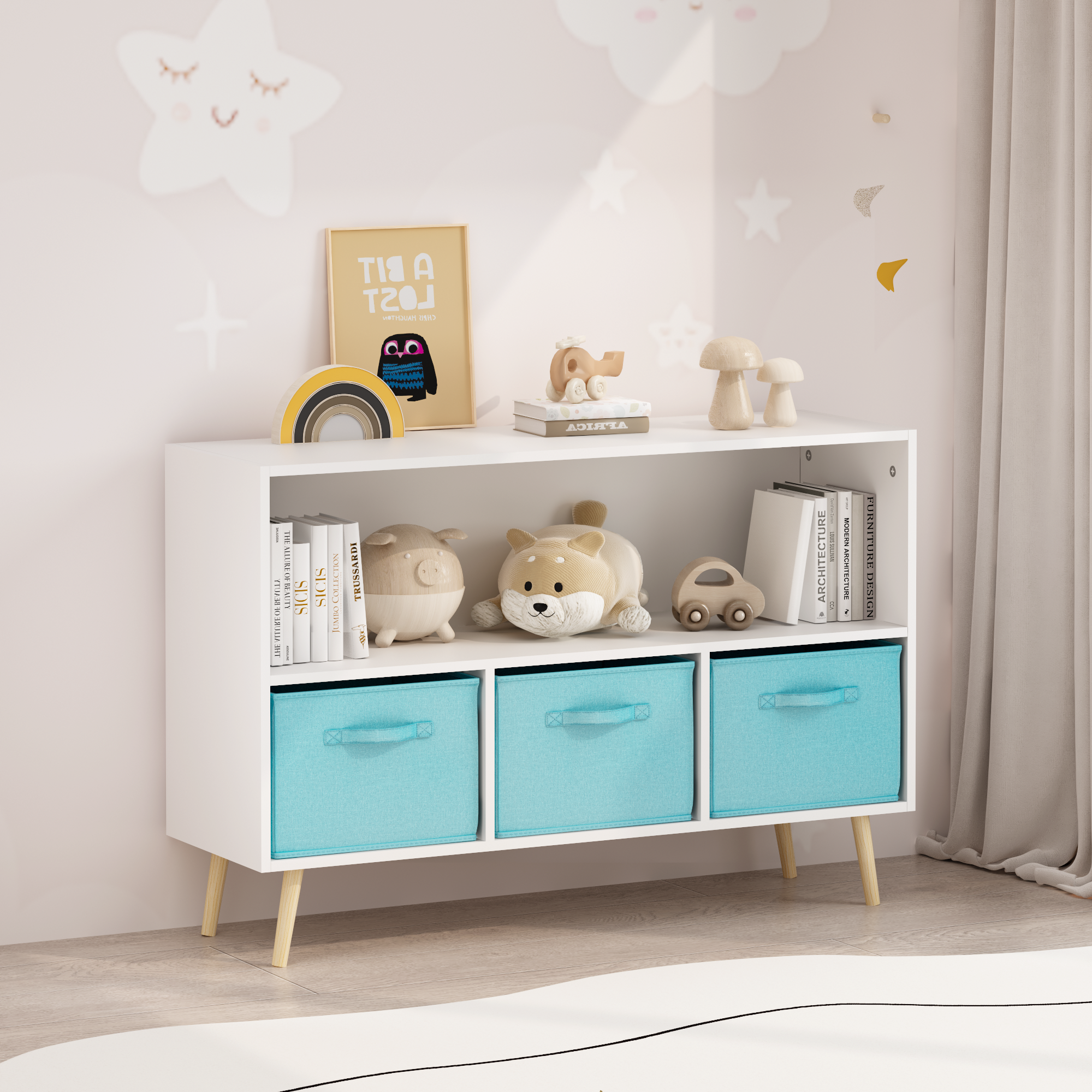 Kids bookcase with Collapsible Fabric Drawers, Children's Book Display, Toy Storage Cabinet Organizer, White/Blue | Premium H