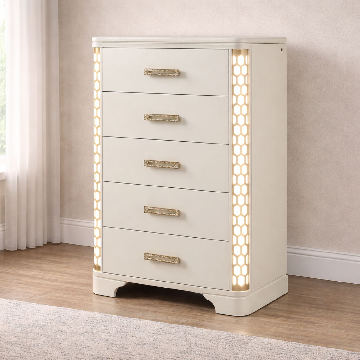 Jasmine Queen 5 Pc LED Bedroom Set in Beige made with Wood and Gold Accents - Grand Goldman Shop