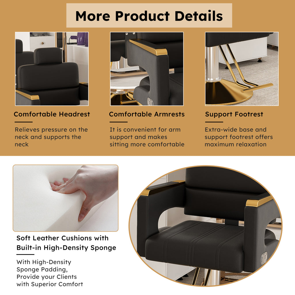 Professional Hydraulic Barber Chair with 360° Swivel, Adjustable Height, Stainless Steel Armrests & Reclining Backrest in Black & Gold - Grand Goldman Shop