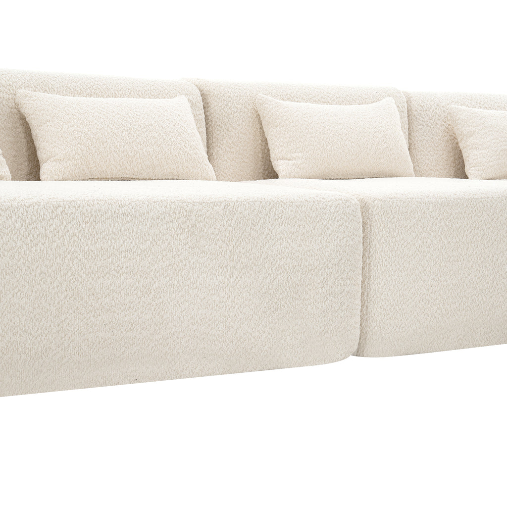 Modern Upholstered L-Shape Sofa with Chaise Lounge and Back Pillows, Beige Boucle Fabric, 144 inches - Grand Goldman Shop