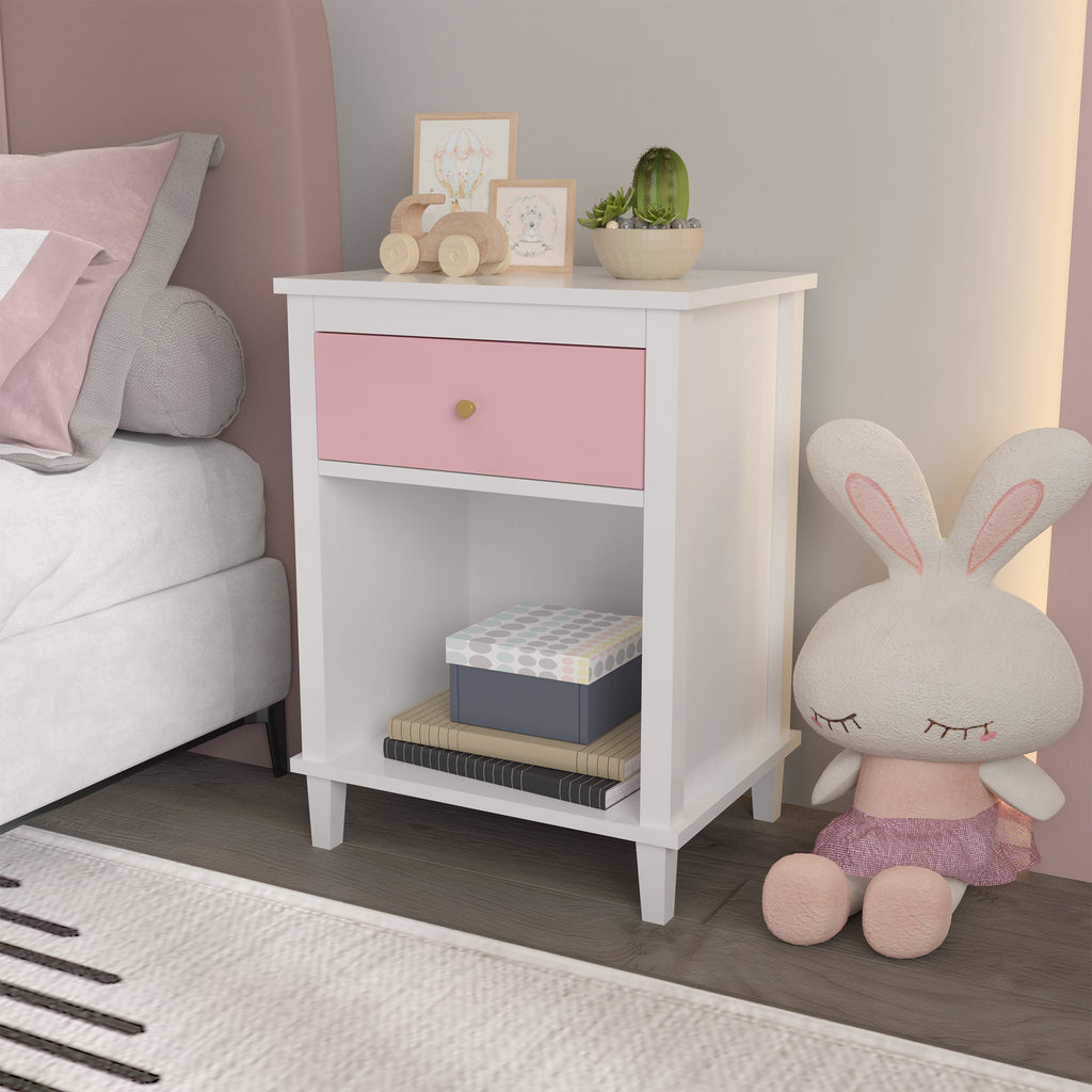 Pink+Golden Handle Wooden Nightstand 26.77''H with One Drawer One Shelf for Kids and Adults - Grand Goldman Shop