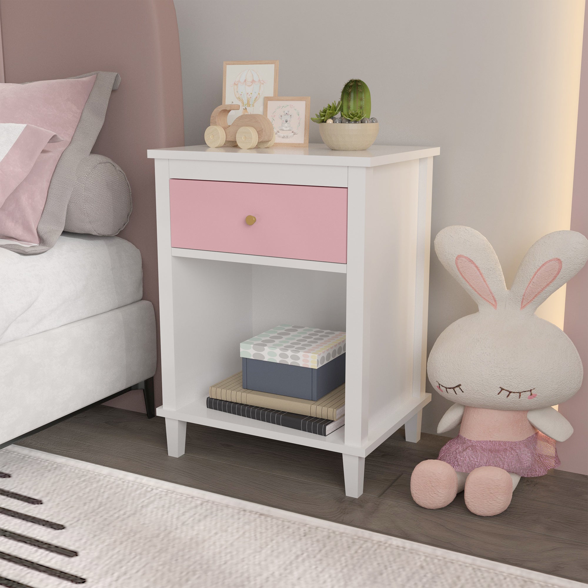 Pink+Golden Handle Wooden Nightstand 26.77''H with One Drawer One Shelf for Kids and Adults - Grand Goldman Shop