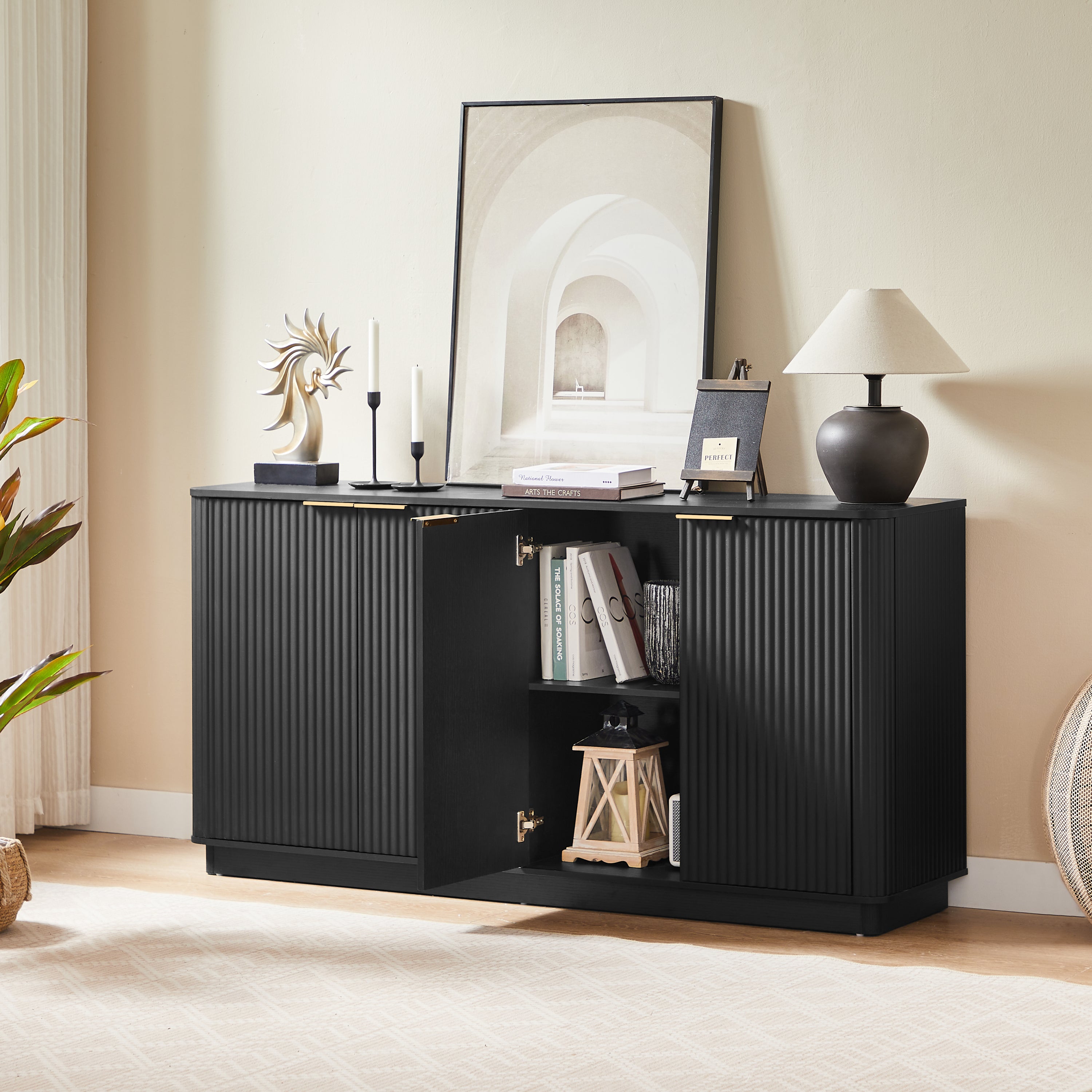 63' Vertical Stripe Buffet Cabinet Sideboard with stoarge, Curved wave Design, TV Stand, for Bedroom, Living Room, Hallway, Black,63''W x 15.75''D x 31.5''H. - Grand Goldman Shop