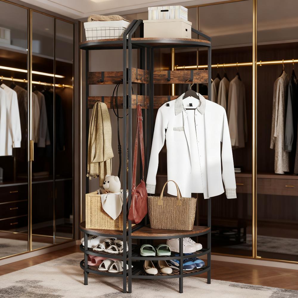 Coat Rack Corner Hall Tree, Industrial 4-Tier Coat Rack with Shoe Storage, 8 Movable Hooks and 2 Shelves - Grand Goldman Shop