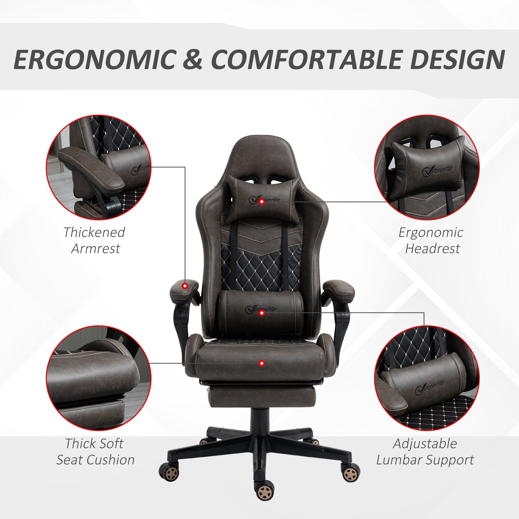 Vinsetto Racing Gaming Chair Diamond PU Leather Office Gamer Chair High Back Swivel Recliner with Footrest, Lumbar Support, A