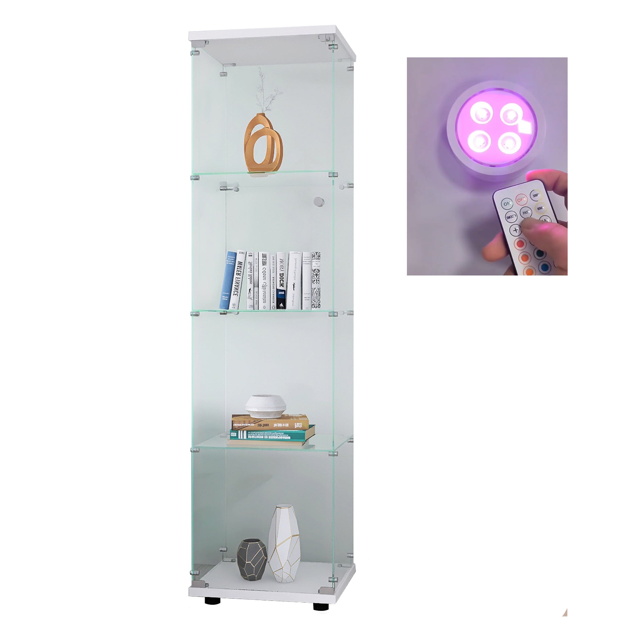 Lighted 4 Shelves Glass Cabinet Glass Display Cabinet with One Door, White - Grand Goldman Shop