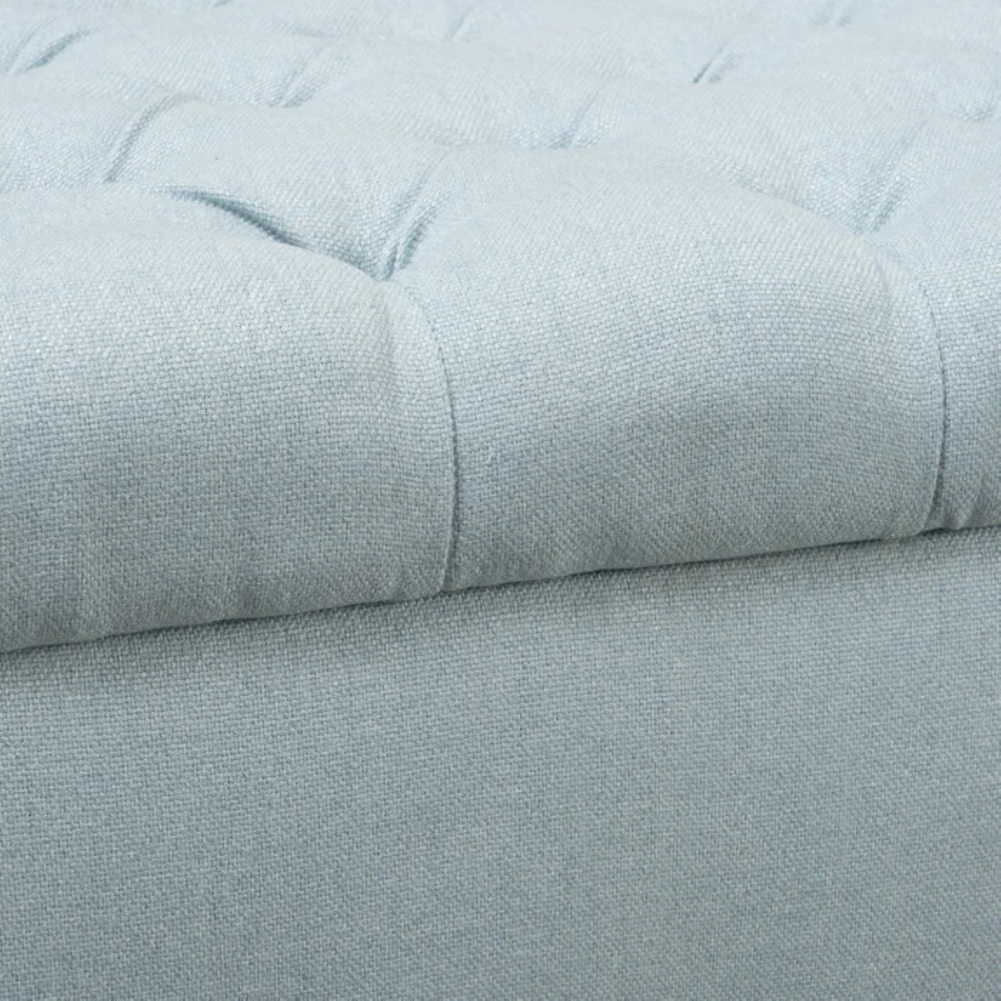 Contemporary Storage Ottoman with Rolled Arms and Button Tufting in Wheat Fabric, 50-inch - Grand Goldman Shop
