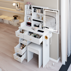 29.2' Small Size Left Drawer Desktop Vanity Table + Cushioned Stool, 2 AC+2 USB Power Station, Hair dryer bracket, Extra Large Touch Control Sliding LED Mirror, Tri-color Switching, Brightness Adjust - Grand Goldman Shop