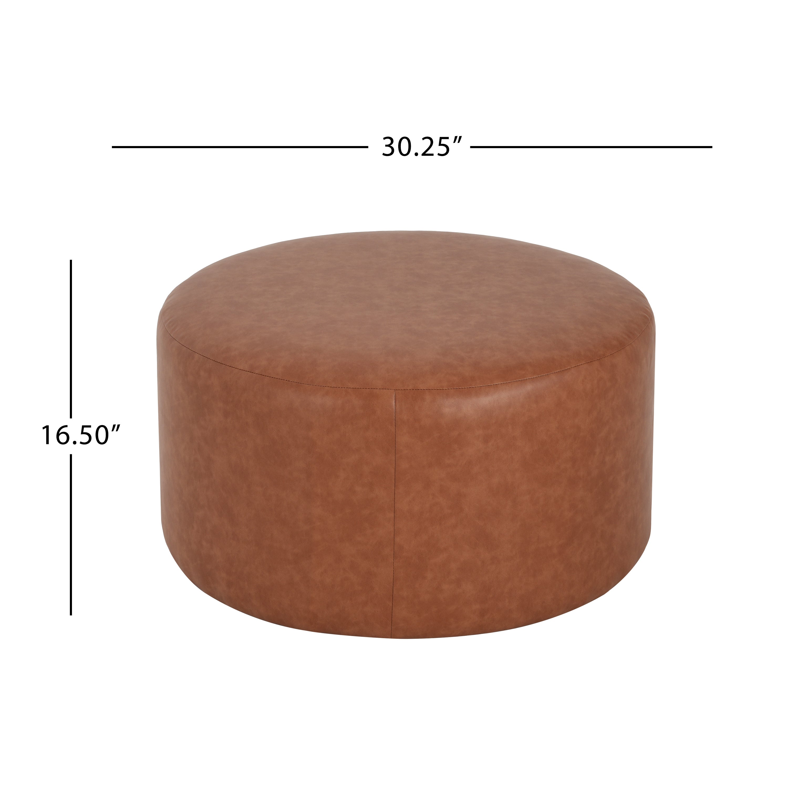 Upholstered Round Ottoman,PU Leather, Cognac Brown - Grand Goldman Shop