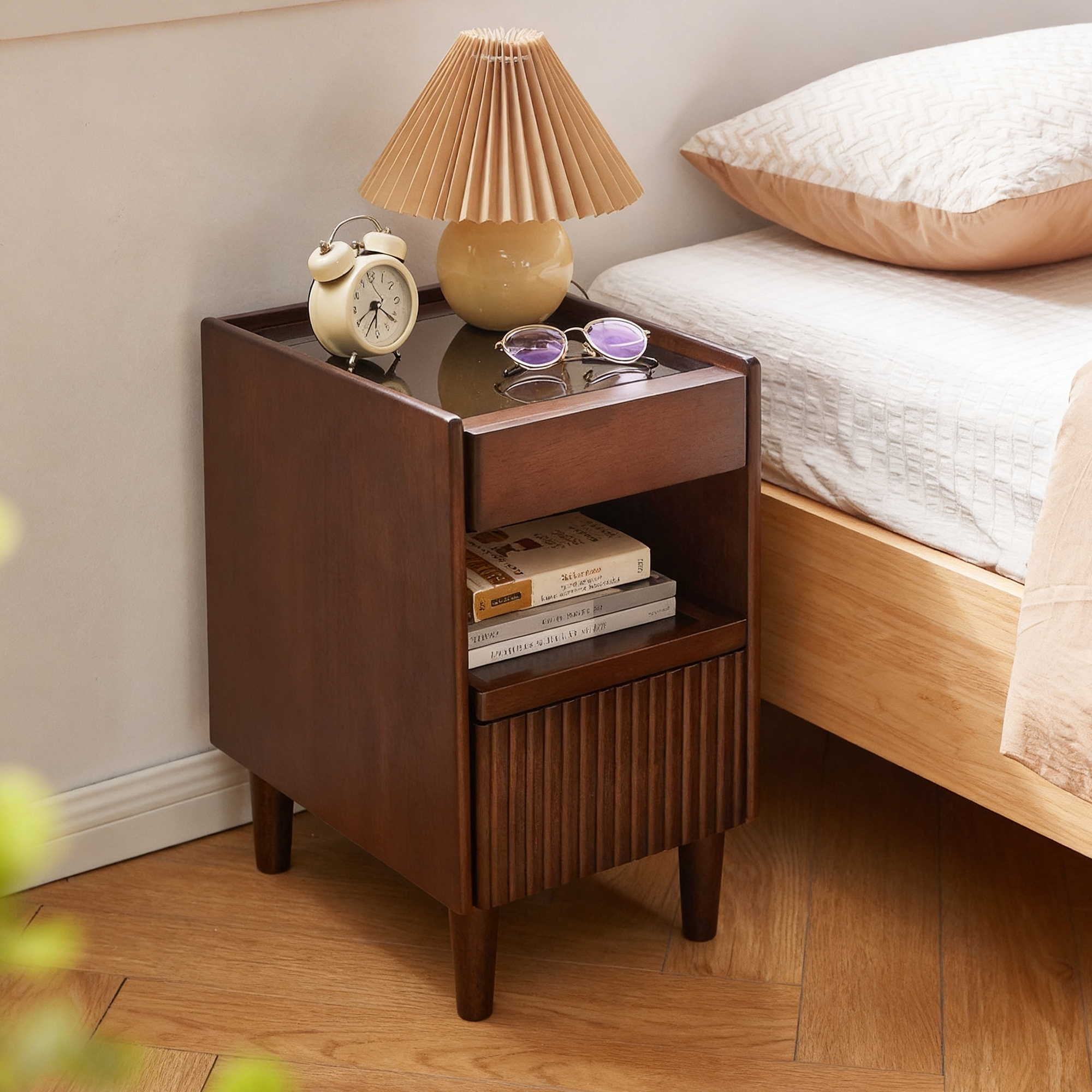 Wooden Bedside Table  with 1 Drawer Open Shelves, Wood Board Side Tables Storage Small Narrow Desk Chest of Drawer, Lamp Stand Nightstand Cabinet, Bedroom Living Room Home Furniture - Grand Goldman Shop
