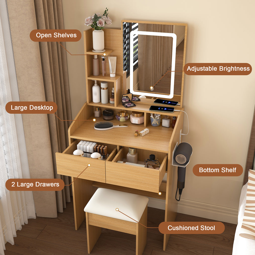 Modern Wood Vanity Table with LED Mirror, Power Outlet, Hairdryer Holder & Padded Stool – Compact Dressing Desk for Small Bedrooms - Grand Goldman Shop