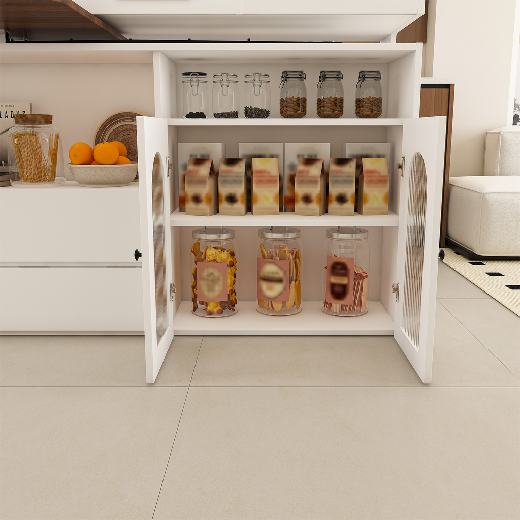 Kitchen Island with Extendable & Rotating Table, MDF with Walnut Veneer Retro Design, 4 Drawers & Glass Door Cabinets with Built-in Socket, Expandable Dining Station for 2-4 Person - Grand Goldman Shop