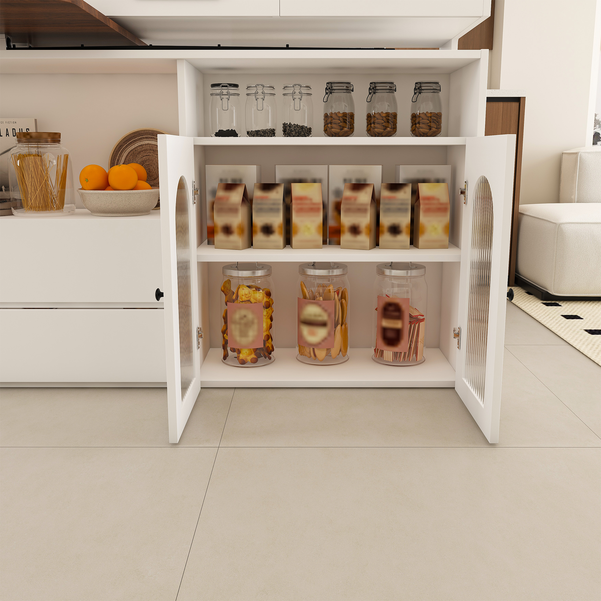 Kitchen Island with Extendable & Rotating Table, MDF with Walnut Veneer Retro Design, 4 Drawers & Glass Door Cabinets with Built-in Socket, Expandable Dining Station for 2-4 Person - Grand Goldman Shop