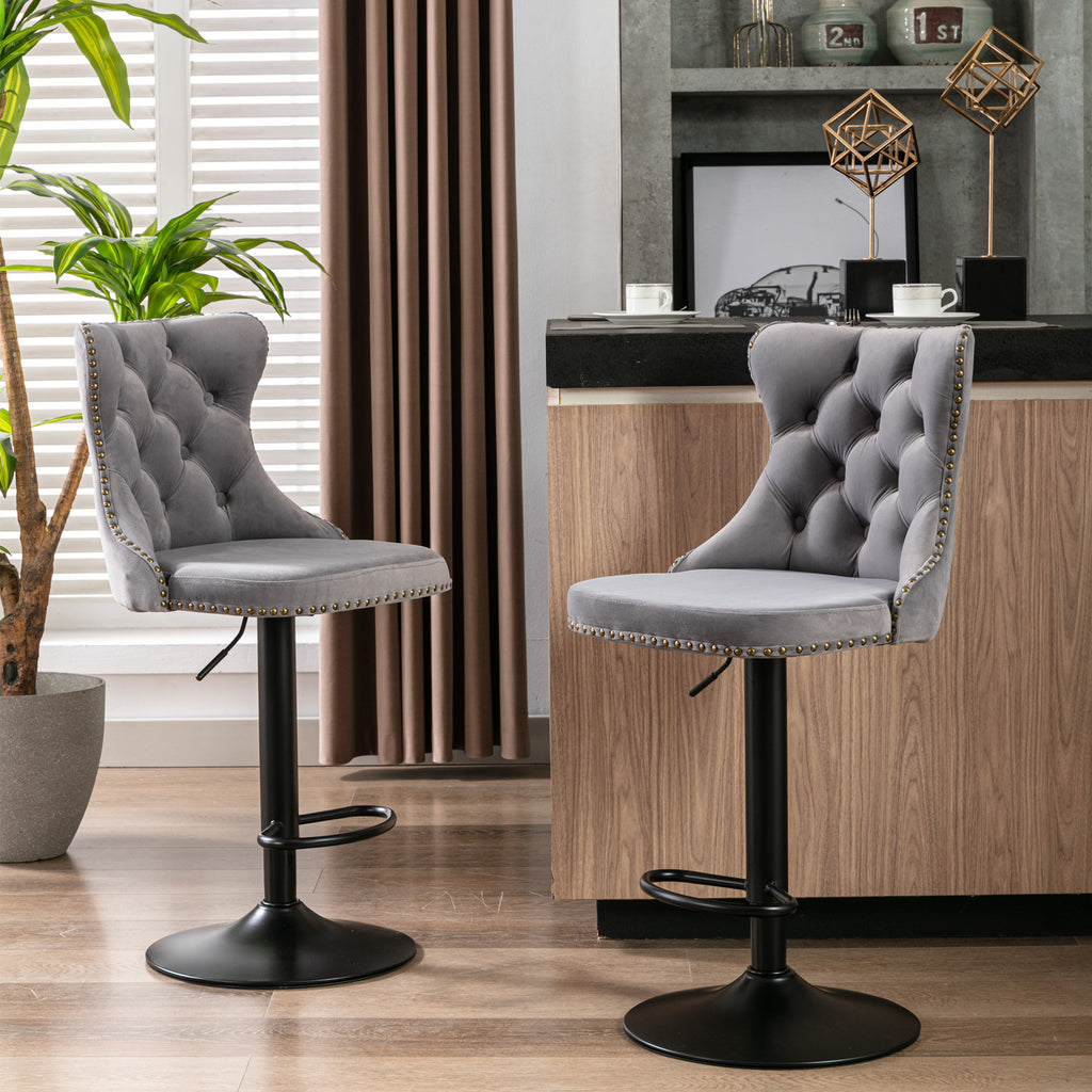 A&A Furniture,Swivel Velvet Barstools Adjusatble Seat Height from 25-33 Inch,17.7 inch base, Modern Upholstered Bar Stools with Backs Comfortable Tufted for Home Pub and Kitchen Island,Gray,Set of 2 - Grand Goldman Shop