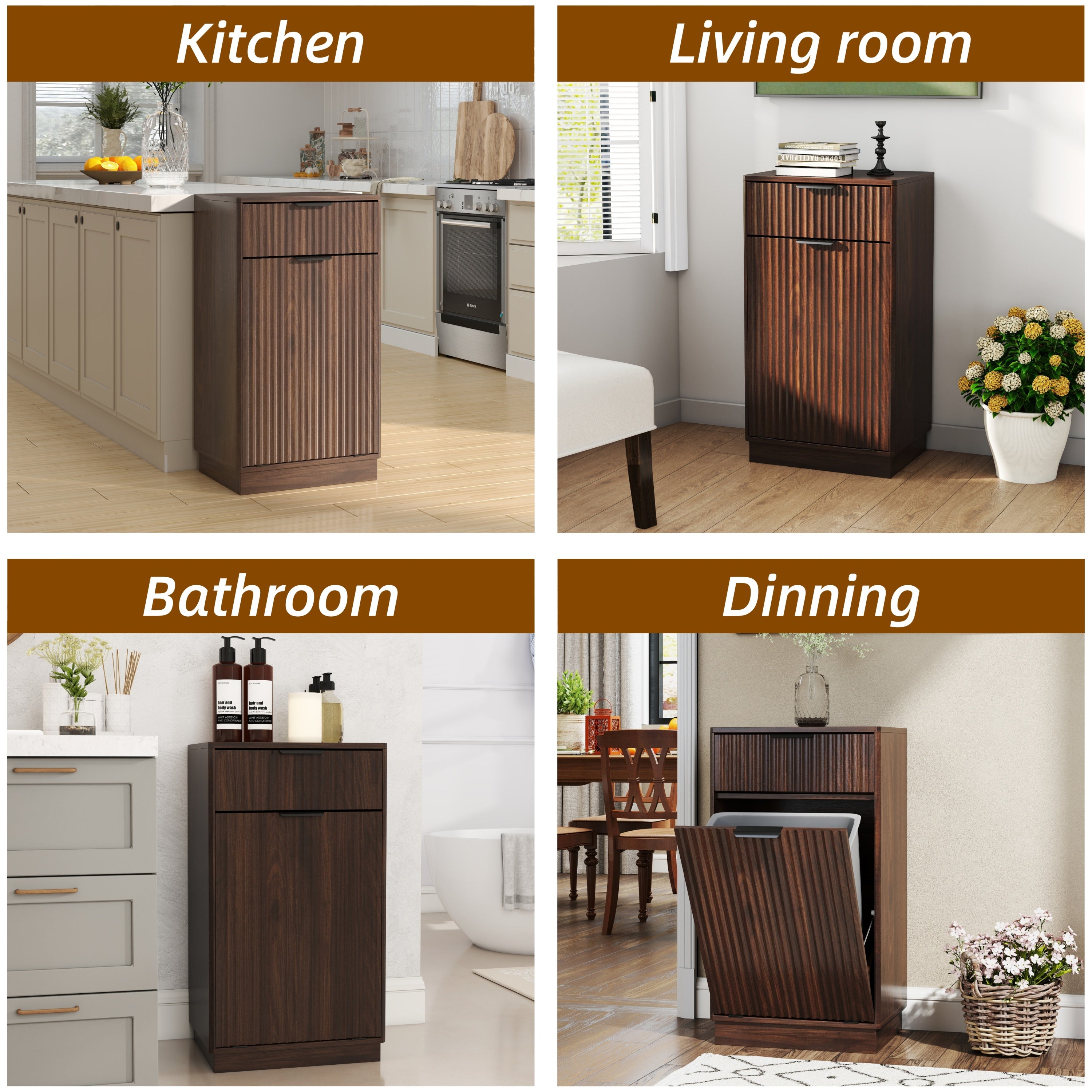 Woodgrain Tilt-Out Trash Can Cabinet with Wave-Textured Drawer & Pull-Out Bin in Walnut Finish - Grand Goldman Shop