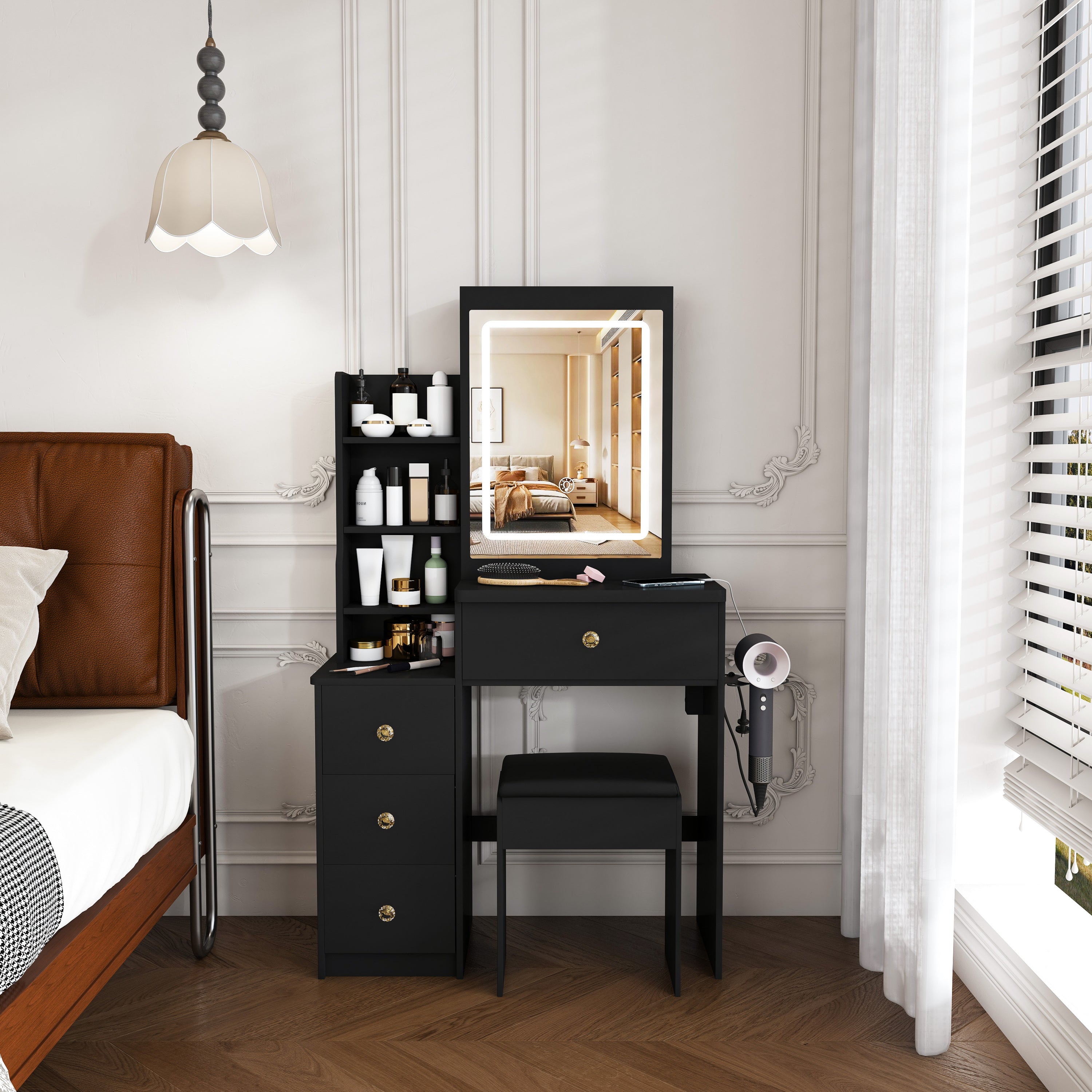 Modern Vanity Desk with 3 LED Lighting Modes, 4 Drawers, Open Shelves, Hair Dryer Holder & Power Socket, Black MDF Dressing Table Set with Chair - Grand Goldman Shop