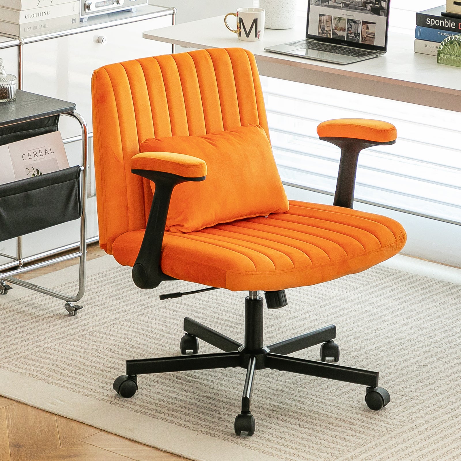 Orange Velvet Criss Cross Armrest Office Chair with Wheels - Stylish for Home Office, Gaming & Makeup - Grand Goldman