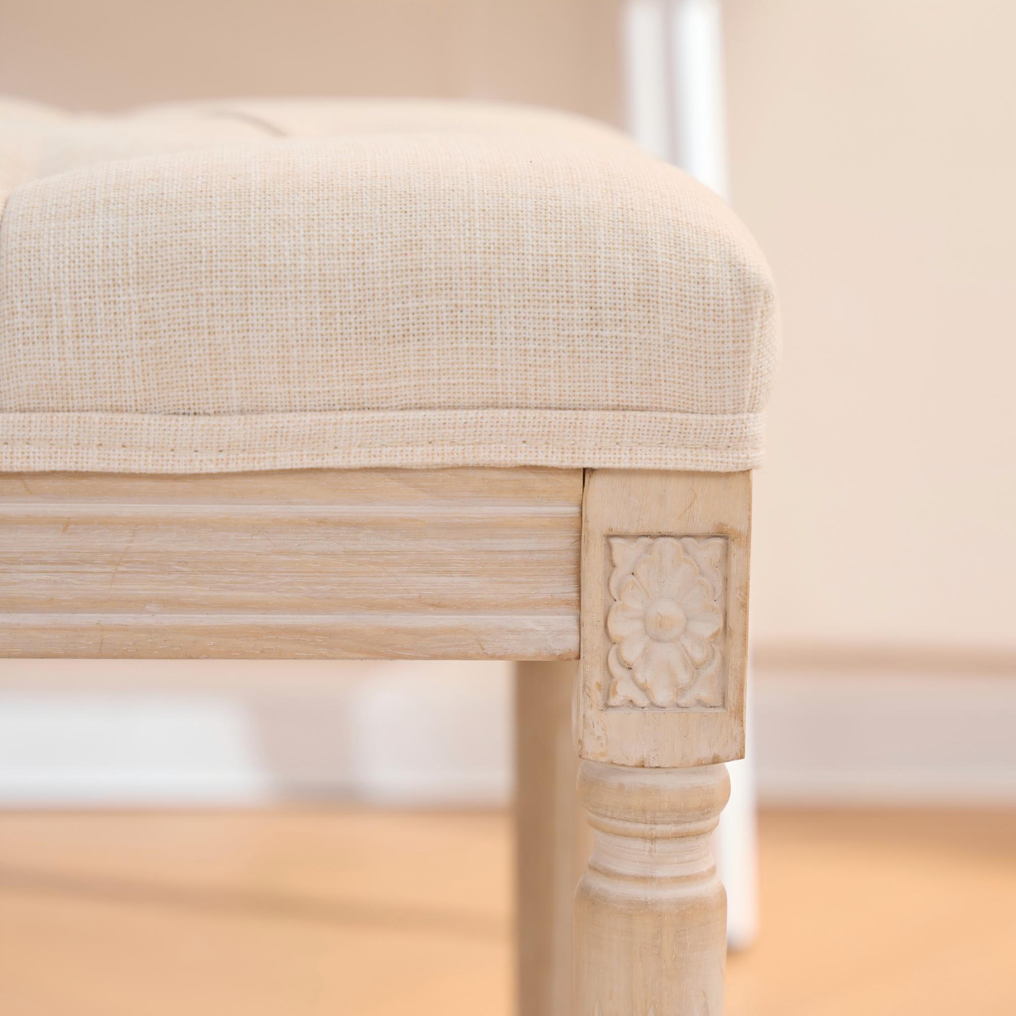 French Style Bench, Linen Fabric Entryway Bench, Upholstered Tufted End of Bed Bench with Brushed Wood Legs, Beige - Grand Goldman Shop