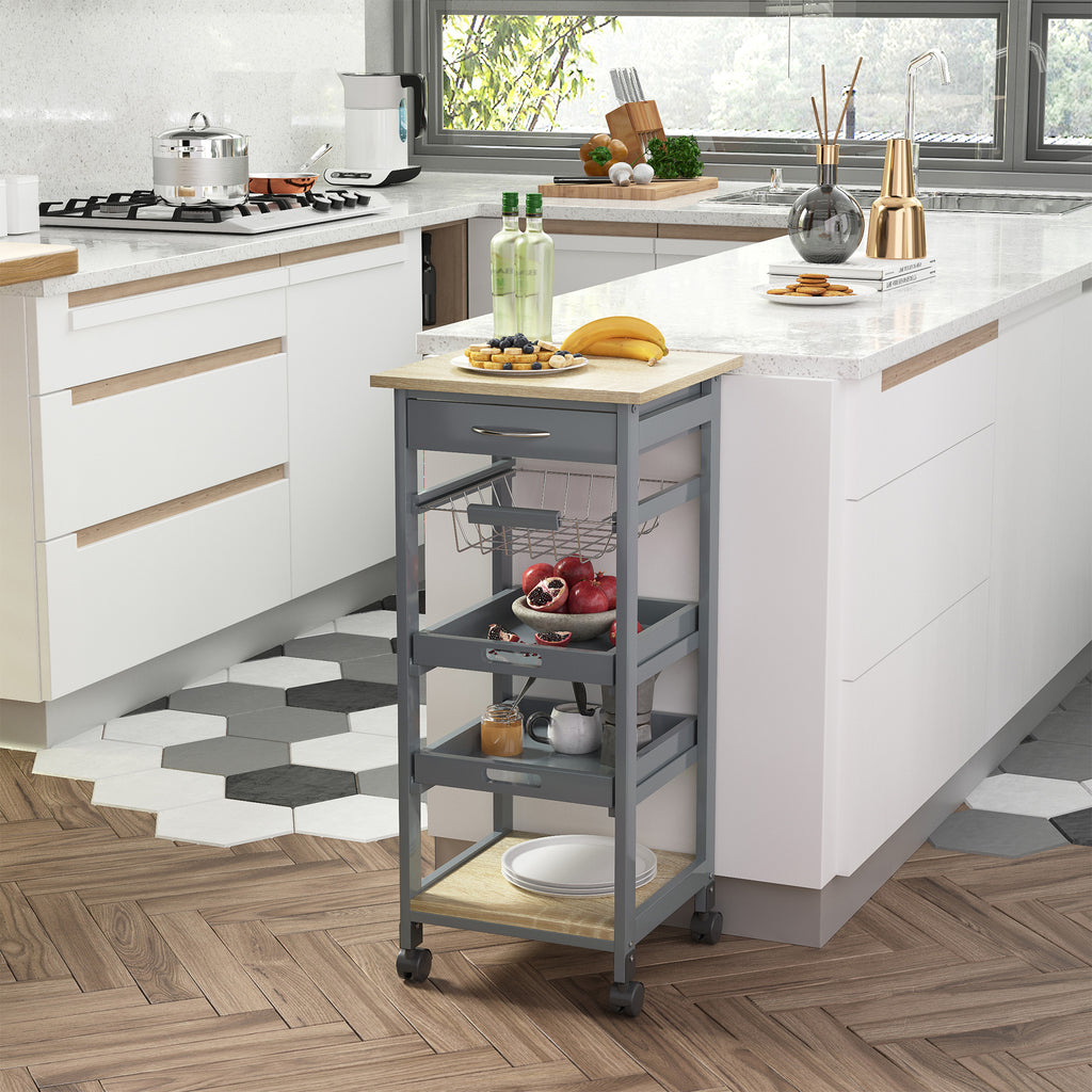 Mobile Rolling Kitchen Island Trolley Serving Cart with Underneath Drawer & Slide-Out Wire Storage Basket, Grey - Grand Goldman Shop