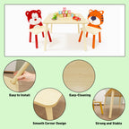 Kids Table and 2 Chairs Set, Wooden Activity Play Table Set with Bear & Tiger Design in White & Orange, Solid Wood and MDF Co