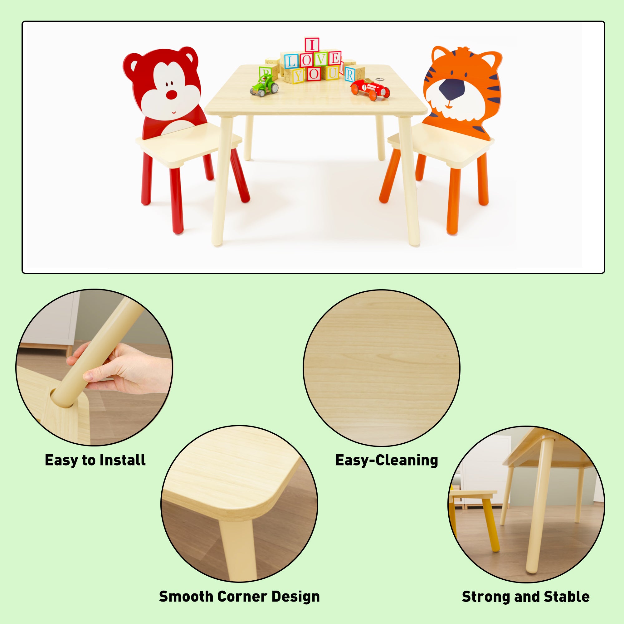 Kids Table and 2 Chairs Set, Wooden Activity Play Table Set with Bear & Tiger Design in White & Orange, Solid Wood and MDF Co